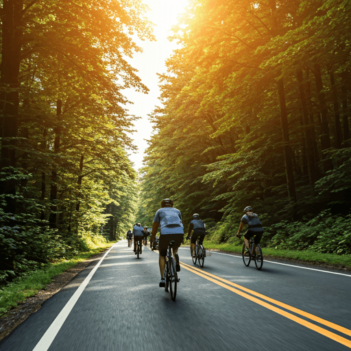 Group of cyclists riding through a scenic, sunlit road