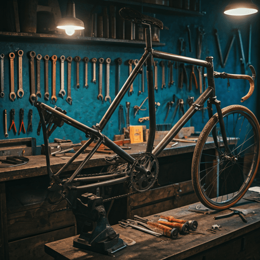 Bicycle workshop showing tools and frames, highlighting heritage and craftsmanship